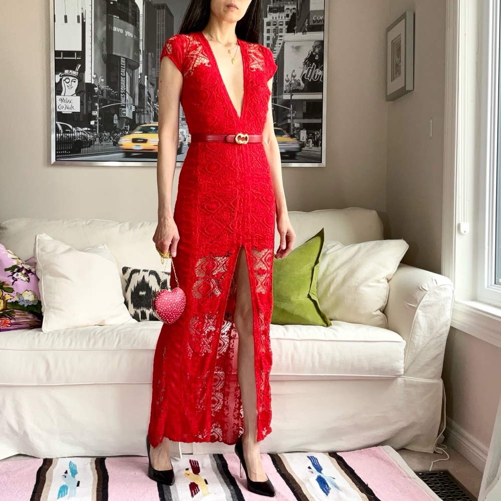 For Love & Lemons Red Lace Maxi Dress